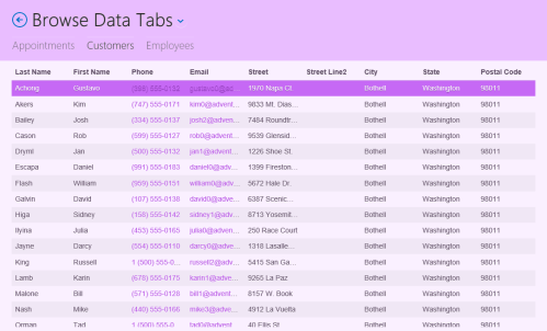 Sample Browse Data Tabs Screen